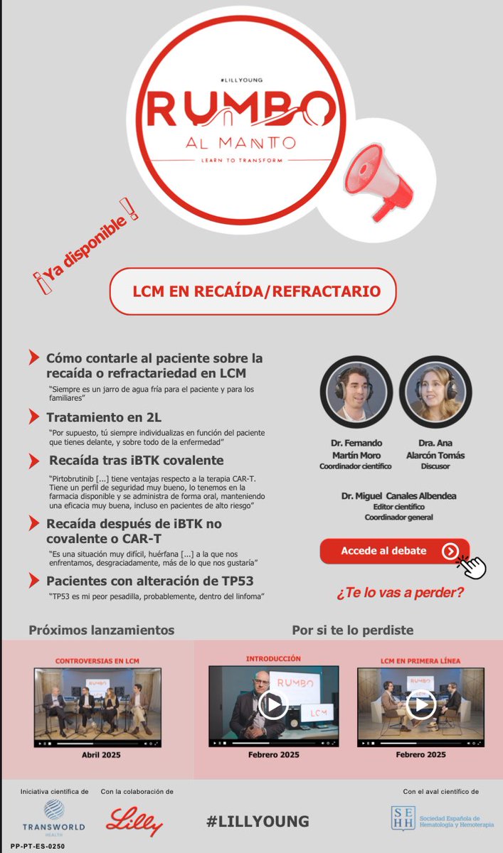 Fernando Martín Moro (@fer_martinmoro) on Twitter photo ¡Segunda mesa de debate ya disponible!
#Linfoma del manto recaído/refractario con <a href="/AnaAlarconTomas/">Ana Alarcon Tomas</a>, dentro de la iniciativa Rumbo al Manto <a href="/EliLillyandCo/">Eli Lilly and Company</a> @transworldedit
Con el aval científico de <a href="/sehh_es/">@sehh_es</a>
🔊 transworldeditors.com/rumbo-al-manto ¡Segunda mesa de debate ya disponible!
#Linfoma del manto recaído/refractario con <a href="/AnaAlarconTomas/">Ana Alarcon Tomas</a>, dentro de la iniciativa Rumbo al Manto <a href="/EliLillyandCo/">Eli Lilly and Company</a> @transworldedit
Con el aval científico de <a href="/sehh_es/">@sehh_es</a>
🔊 transworldeditors.com/rumbo-al-manto