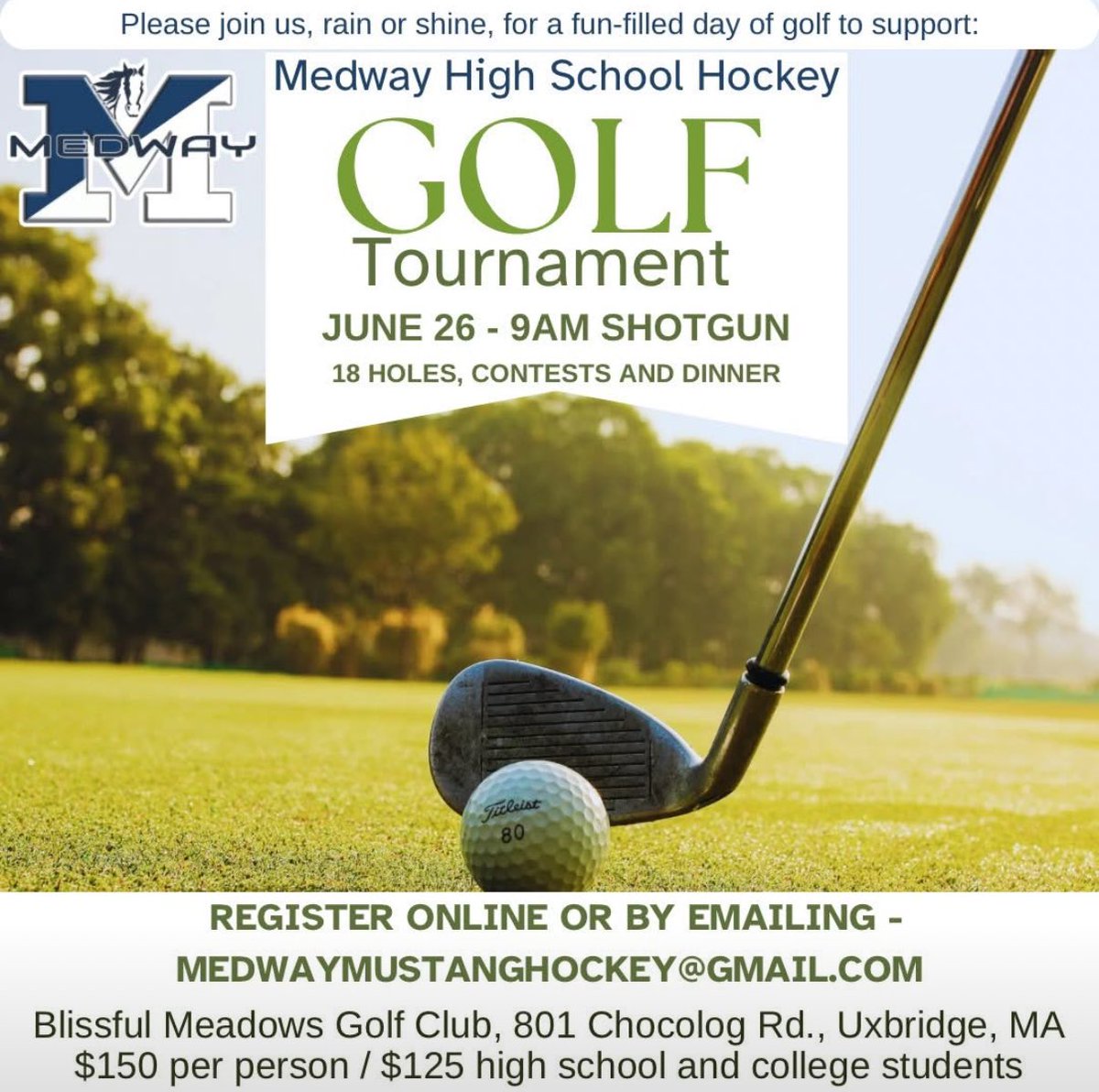 ⛳️ Linked here is an online registration form for our upcoming Golf Tournament on Thursday, June 26th.

docs.google.com/forms/d/e/1FAI…

Join us for a day of fun on the greens while supporting Medway High School Hockey! ⛳️Sign up today and help support a great cause! 🏒