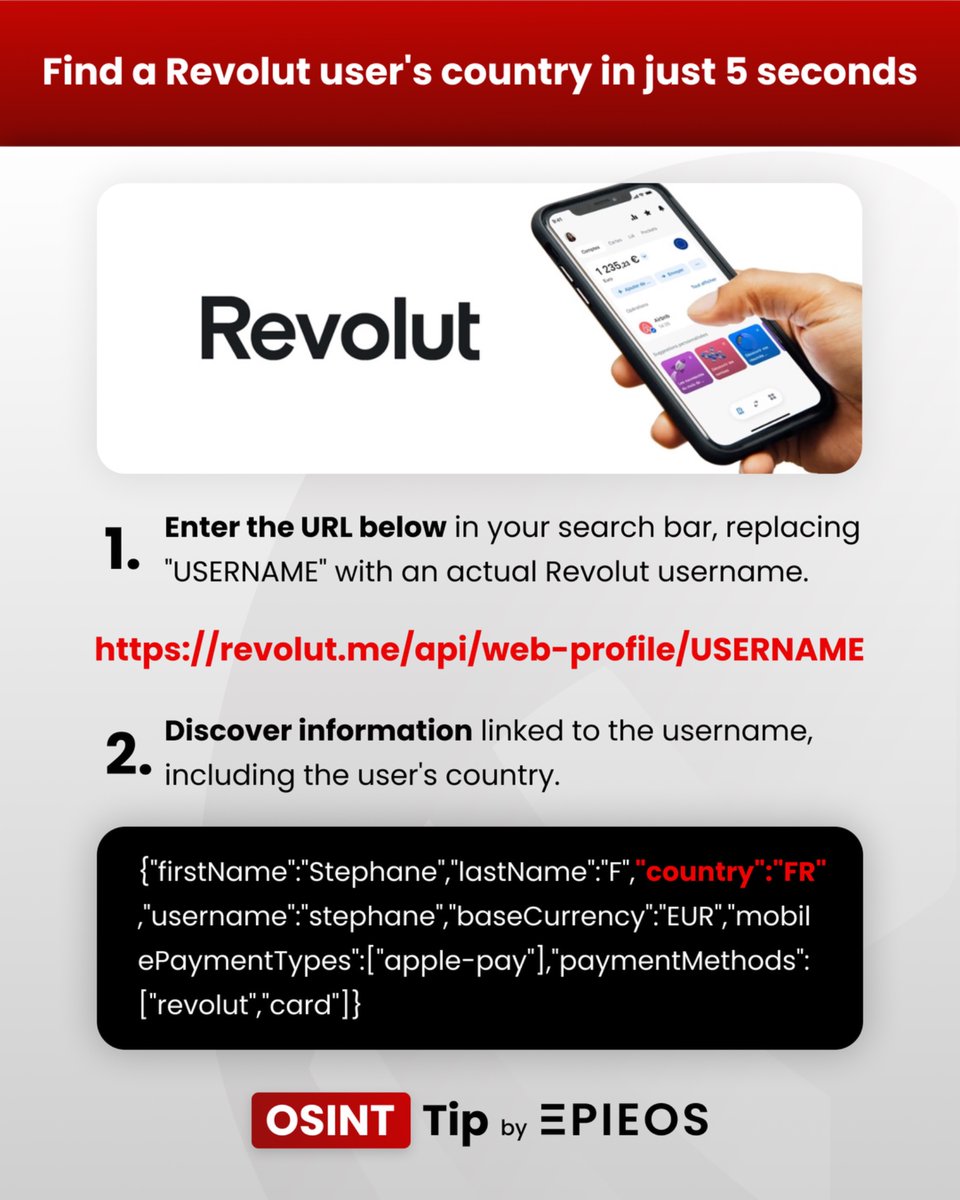 🚨 FREE #OSINT tip by <a href="/epieos/">Epieos</a> !

🗺️ Find a #Revolut user’s country in just 5️⃣ seconds with the 2️⃣ simple steps in the image.

✊ Please like and comment if you want more tips, let’s #democratize OSINT!