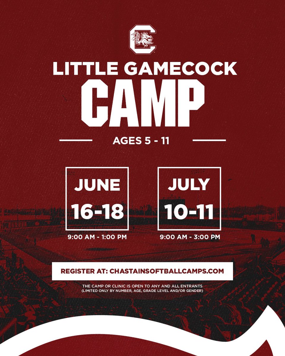We are very excited to announce the addition of our Little Gamecock Camps!!

Get ready for some FUN! 🥎 

3 Day Camp - June 16-18 
2 Day Camp  - July 10-11

Register at ChastainSoftballCamps.com 🤙