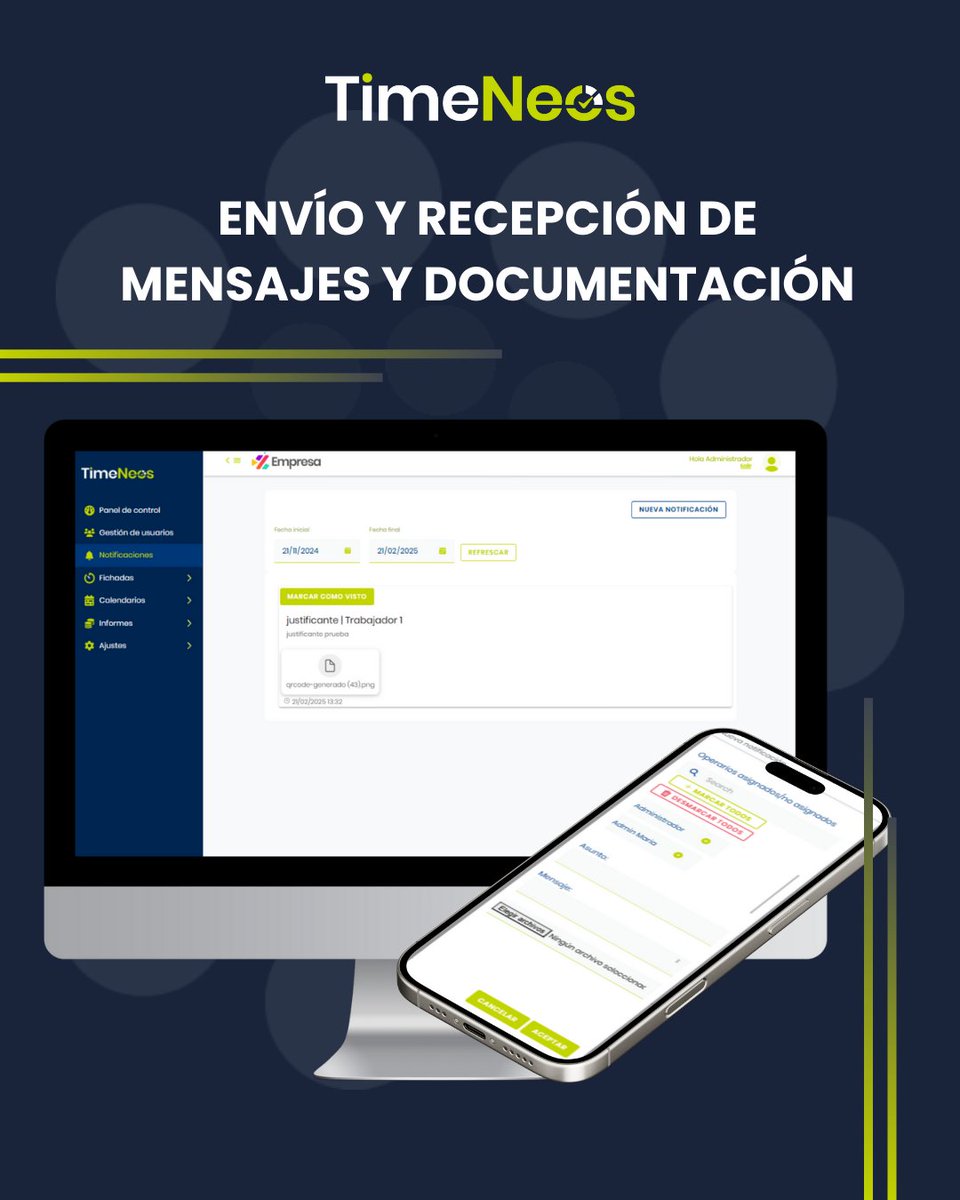 Ahora con #TimeNeos también puedes agilizar gestiones y recibir mensajes de los trabajadores a través del sistema.

Ahorra tiempo, optimiza procesos y mejora la comunicación interna con #TimeNeos

#software #controlhorario #jornadalaboral #fichajedigital #transformacióndigital