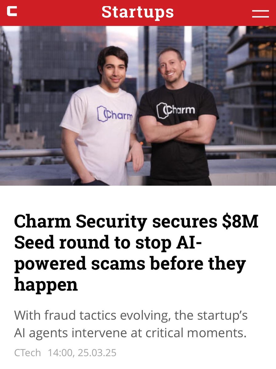 Excited to officially launch #Charm #Security with $8M in seed funding led by <a href="/team8group/">Team8</a>:

CharmSecurity.com is on a mission to fight #scams, #social_engineering, and human-centric #fraud, one of the fastest-growing and most damaging threats of our time.