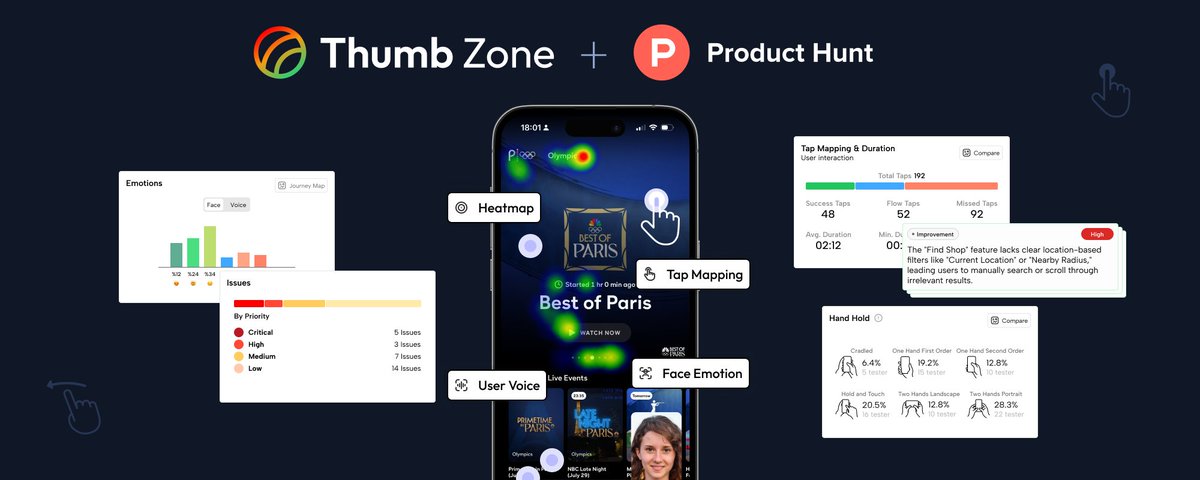 parhamb's tweet image. Thumb Zone @thumbzone is launching on Product Hunt in the next few weeks!
We’re making mobile usability testing smarter and faster with AI.
Visit the link and press &quot;Notify me&quot; to be first in line:
producthunt.com/products/thumb…
#ProductHunt #UsabilityTesting #UX #AI