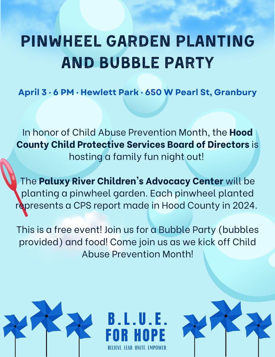 Granbury community, we hope to see you tonight at our pinwheel garden planting and bubble party at 6 p.m at Hewlett Park! This is a joint event with the Hood County Child Welfare Board and there will be FREE food (and bubbles!). #BLUEforHope #ChildAbusePreventionMonth