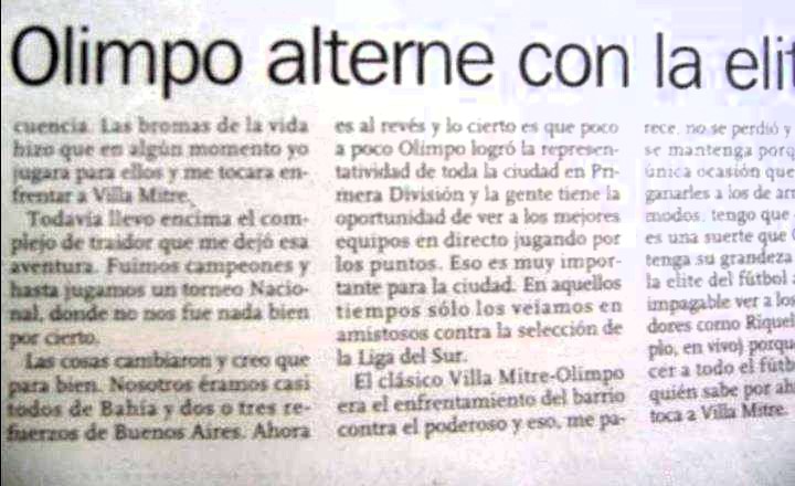 En 2001 Olimpo ascendió y <a href="/DiarioOle/">Diario Olé</a> le pidió a #AngelCappa, ex jugador de Olimpo y Villa Mitre su opinión: 1) En Bahía siempre salía campeón Olimpo 2)Ganarle a Olimpo era la mayor alegria para CVM 3) Olimpo tenía la mejor cancha y equipo 4) Olimpo representa a toda la ciudad.