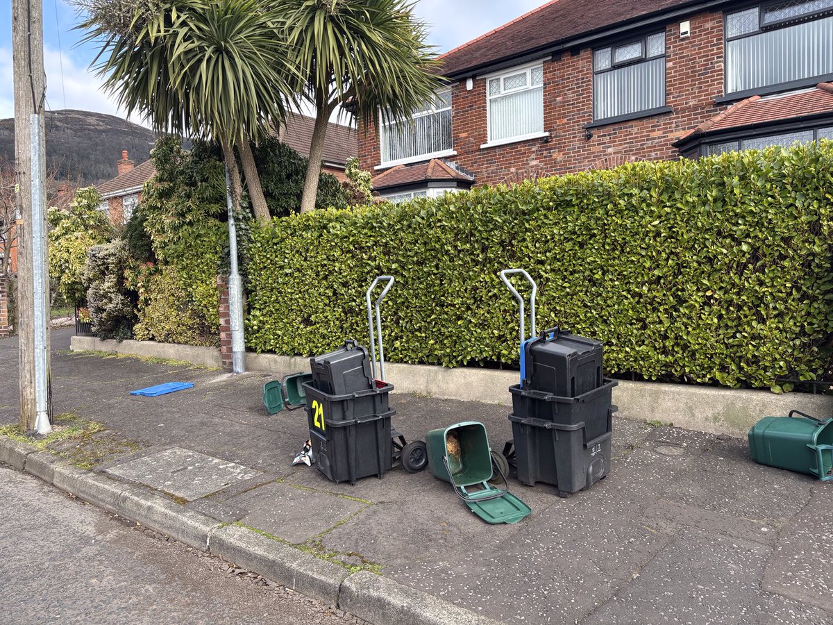 LadyStrathmore's tweet image. This is how our bins were left this morning.  Broken and just dumped. Litter everywhere.  This is not good enough. When are you going to resolve this ongoing issue ⁦@belfastcc⁩
