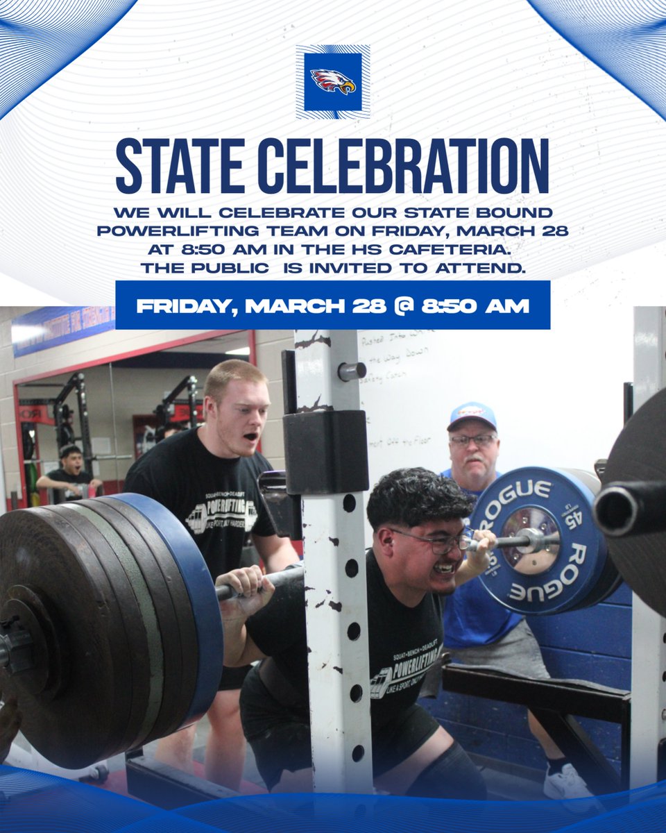 We will celebrate our State Bound Powerlifters on Friday at 8:50 a.m. in the HS Cafeteria! 
#WeR210