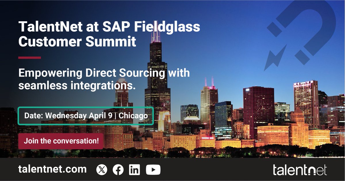 TalentNetInc's tweet photo. We’re heading to Chicago for the @SAPFieldglass Customer Summit on April 9! Phil Cooper + Pierre-Yves Brennan will be on-site—and we’re hosting a Direct Sourcing panel. Stop by if you’re attending—we’d love to connect! #SAPFieldglass #DirectSourcing #TalentNet https://t.co/QOCqpvAHLf