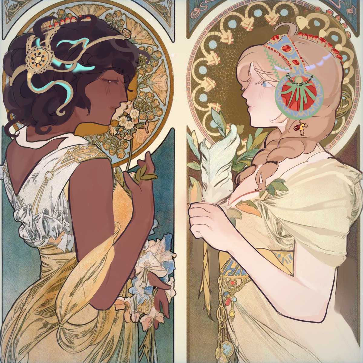 #gannie 
#バツ玩 
#굽앤
-
🧸🏏 as “Primrose and Feather” (Alphonse Mucha)