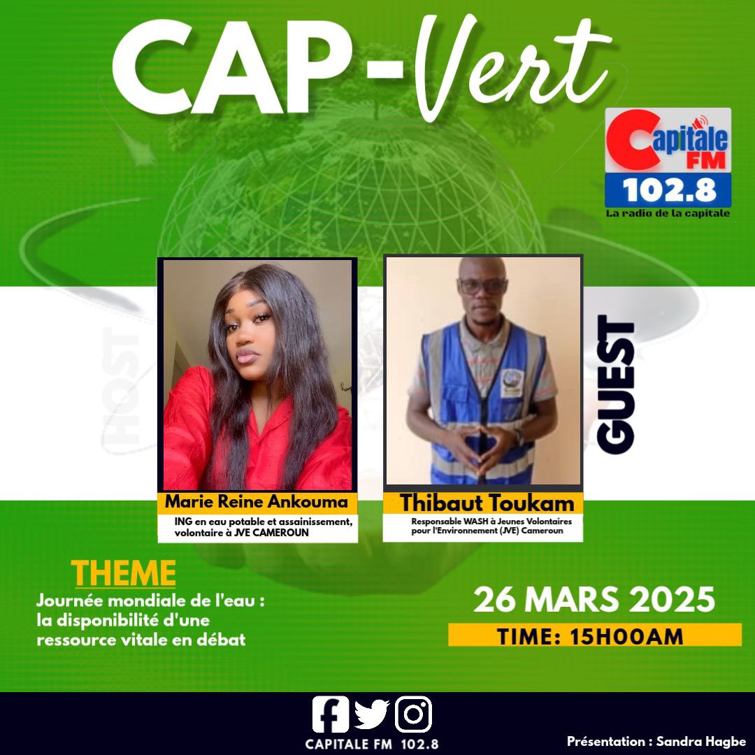 🔴 LIVE NOW | Our representatives from @JVE_Cameroun are on Capitale FM 102.8 discussing World Water Day! 💧🌍

💬 Let’s talk about water availability, glaciers &amp; solutions for access to clean water in Cameroon.

🎙️ Tune in at 3:00 PM!

#WorldWaterDay #WaterForAll #JVE_Cameroun