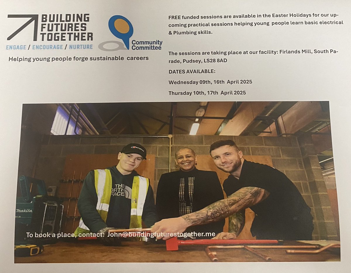 <a href="/LCC_OuterW_CC/">LCC_OuterWest_CC</a> FREE funded sessions starting in the Easter school holidays. Weds 09th, 16th, and Thursday 10th, 17th please email John@buildingfuturestogether.me to reserve a place. 
<a href="/petercarlill/">Cllr Peter Carlill</a> <a href="/CalFarCraig/">Craig Timmins</a> <a href="/simonseary/">Simon Seary</a> <a href="/katehaigh/">Kate Haigh she/her 🏳️‍⚧️🏳️‍🌈</a> <a href="/PudseyGS/">Pudsey Grammar School</a> <a href="/cooppriesthorpe/">Co-op Academy Priesthorpe</a>