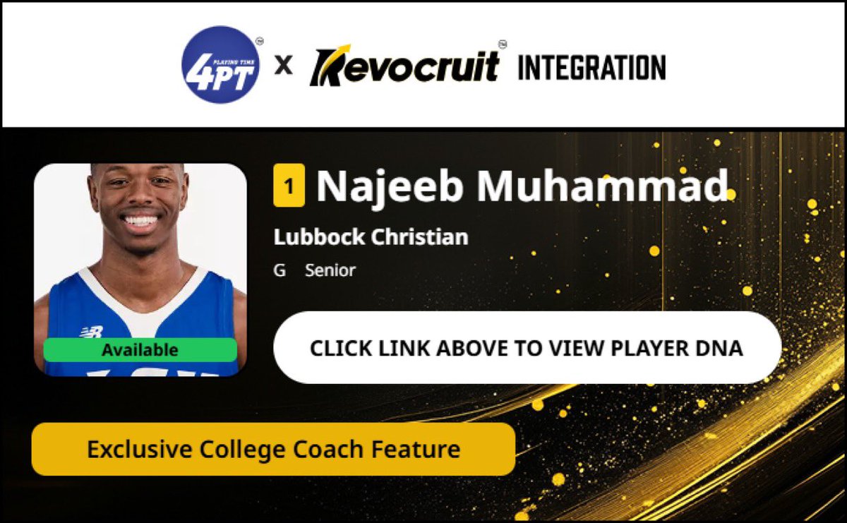 CBB Transfer Portal Spotlight

Najeeb Muhammad
6'2" 175
Guard
Lubbock Christian 

2024-25 Stats (34 Games):
📊 12.5 PPG, 3.6 RPG, 3.8 APG, 45.0 FG%

Coach Exclusive Revocruit Player DNA:
🔗 applink.revocruitathlete.com/player/9231

#TP4PT #TransferPortal