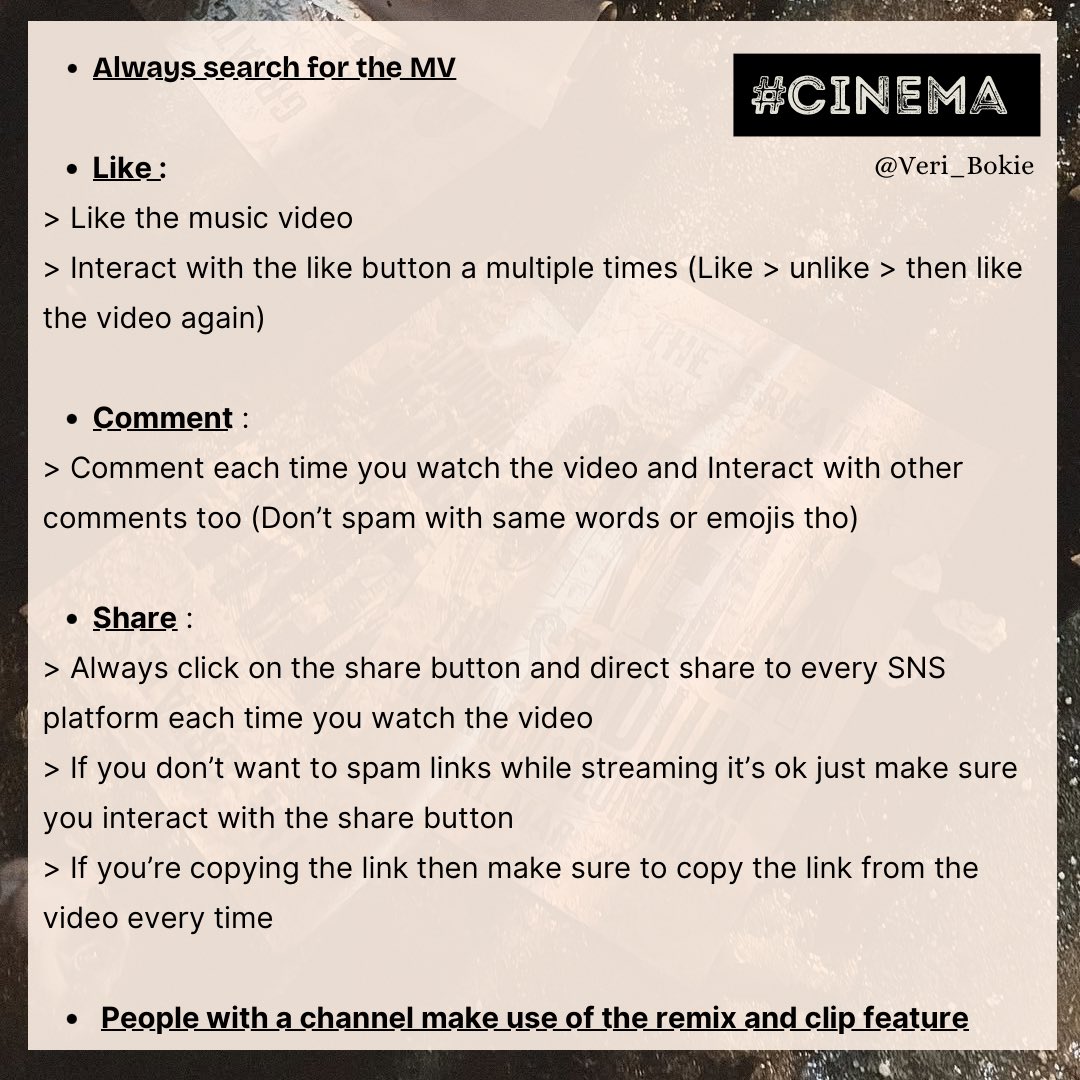 Here are simple ways to boost the #CINEMA MV along with streaming it. Note : Yes, the key is to interact with everything ✨

LEE KNOW SEUNGMIN CINEMA MV
#Cinema_SeungminxLeeKnow
#LeeKnow #Seungmin