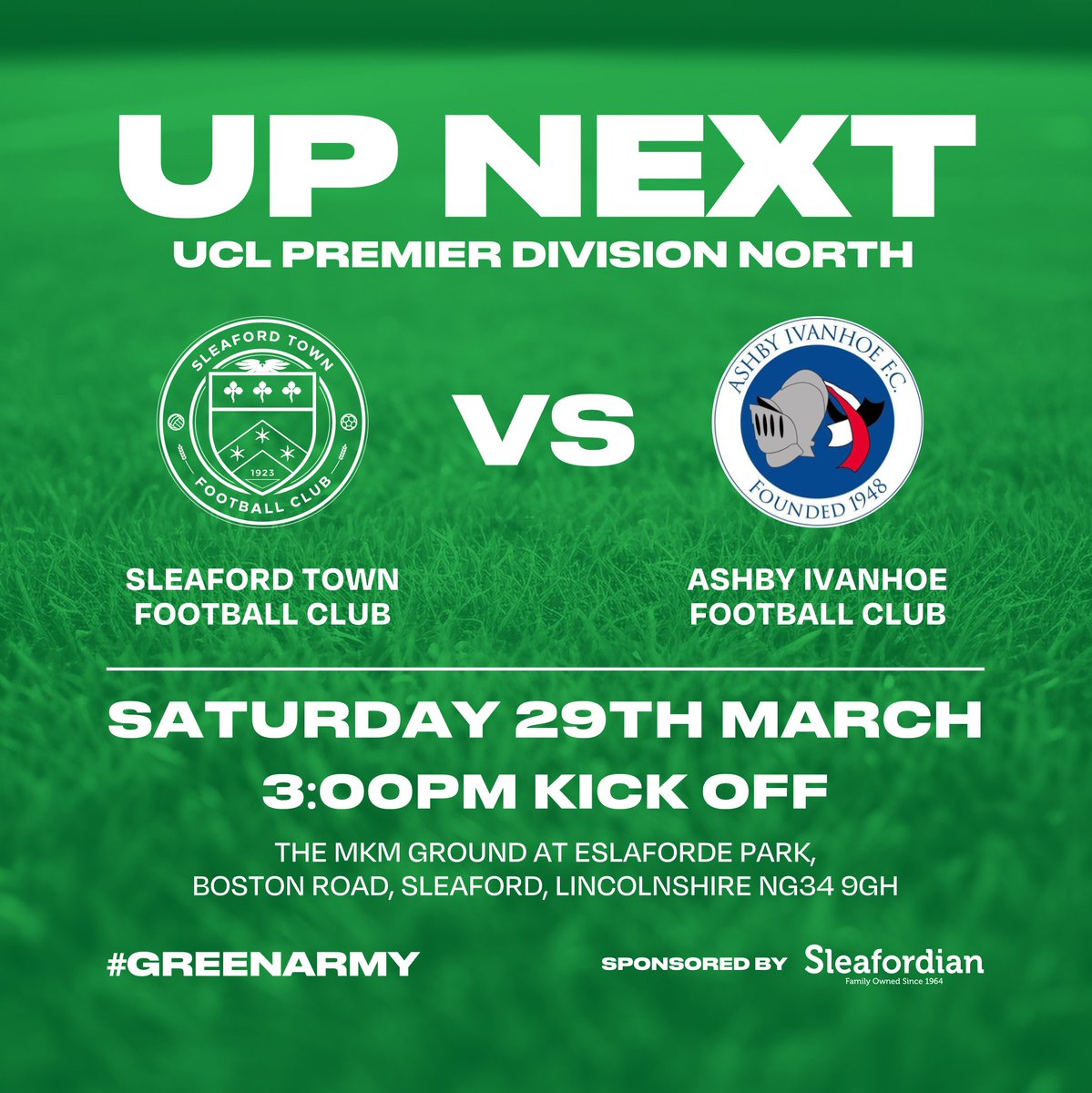 🏡 We’re Back at Home! 🟢

Up next for the Greens is a home clash with <a href="/AshbyIvanhoe_FC/">Ashby Ivanhoe FC</a> ⚽

📅 Sat 29th March
📍 The MKM Ground (NG34 9GH)
🕒 3:00 PM Kick Off
🏆 <a href="/utdcos/">UCL</a> Prem Div North

Let’s see as many Greens as possible backing the lads! 💪💚

#GreenArmy