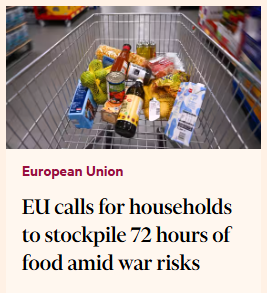 DanielMuvdiYT's tweet photo. ÚLTIMA HORA: La Unión Europea ha pedido a los hogares que almacenen comida y suministros para al menos 72 horas ante riesgos de guerra, según el Financial Time. https://t.co/9WNMTM3lmI