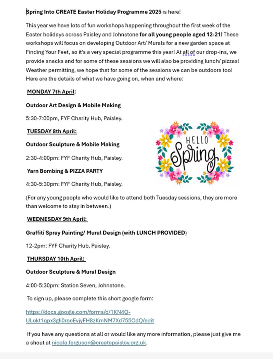 Maryrussellsecondary (@maryrussellsec) on Twitter photo CREATE Easter Holiday Programme 2025
To sign up please complete the short form below: docs.google.com/forms/d/1KN4Q-……
…or email nicola.ferguson@createpaisley.org.uk CREATE Easter Holiday Programme 2025
To sign up please complete the short form below: docs.google.com/forms/d/1KN4Q-……
…or email nicola.ferguson@createpaisley.org.uk