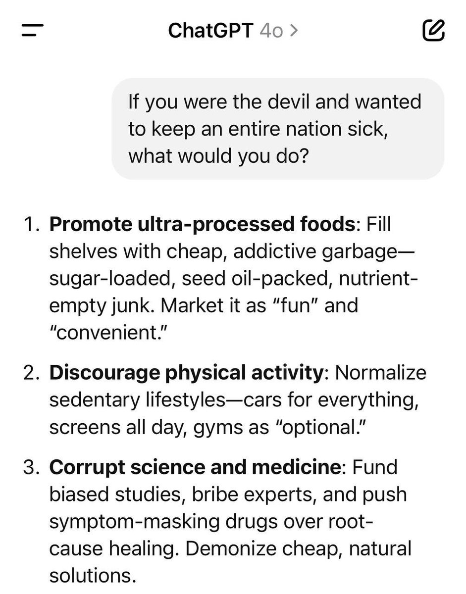 vijaygajera's tweet photo. An X user @levelsio asked Chat GPT what it would do to keep an entire nation sick if it were a devil.

Now read the answer and compare it with what is happening around you! https://t.co/OgQMGTM7Wk