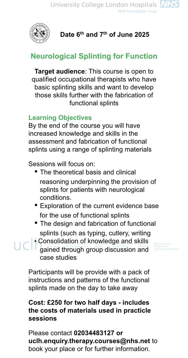 Spaces are available on our Neurological Splinting for Function Course on the 6th &amp; 7th of June 2025 at NHNN - Open to qualified Occupational Therapists who have basic splinting skills &amp; wish to develop these skills further to fabricate functional splints ✍️⌨️🍴book now!!
