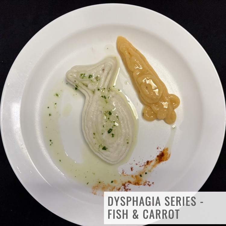 A dish served (&amp; happily received) at a dinner service that needed food specially prepared for people w/ #dysphagia: a condition affecting the ability to swallow. 3D food printing provides nutritious, visually appealing meals that are soft and safe to eat. #3Dprinted w/#Foodini.
