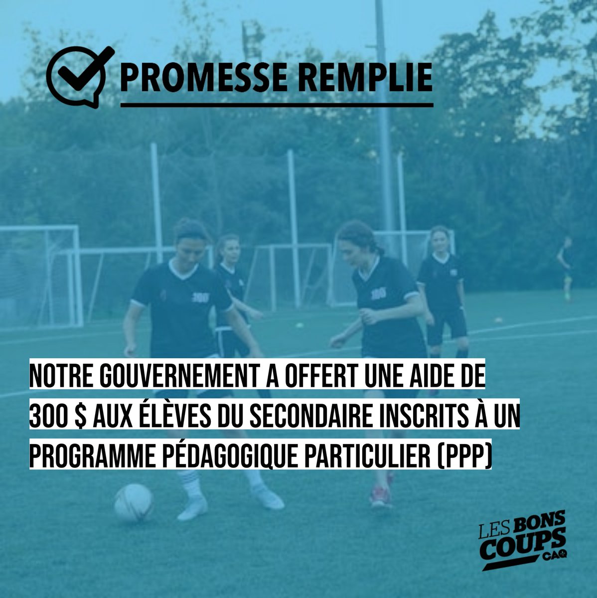 Notre gouvernement a soutenu les élèves du secondaire inscrits à un programme pédagogique particulier (PPP) en leur accordant une aide financière! Dès la rentrée 2022-2023, une allocation de 200$ a été annoncé et depuis mars 2023 c’est allocation a été augmentée à 300$.

Cette