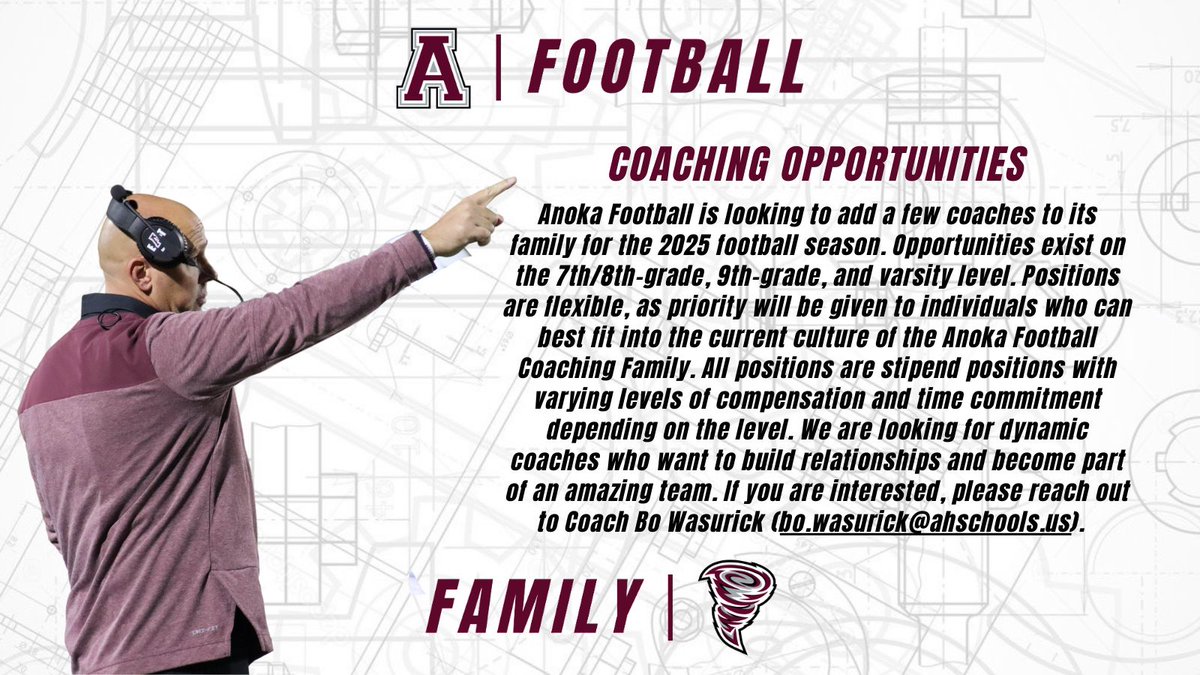 Anoka Football (@anokafootball) on Twitter photo Anoka Football is looking to add a few coaches to its family for the 2025 football season. Opportunities exist at the 7th/8th-grade, 9th-grade, and varsity level. Positions are flexible. If you are interested, please reach out to <a href="/Coachbo2/">Bo Wasurick</a> Anoka Football is looking to add a few coaches to its family for the 2025 football season. Opportunities exist at the 7th/8th-grade, 9th-grade, and varsity level. Positions are flexible. If you are interested, please reach out to <a href="/Coachbo2/">Bo Wasurick</a>