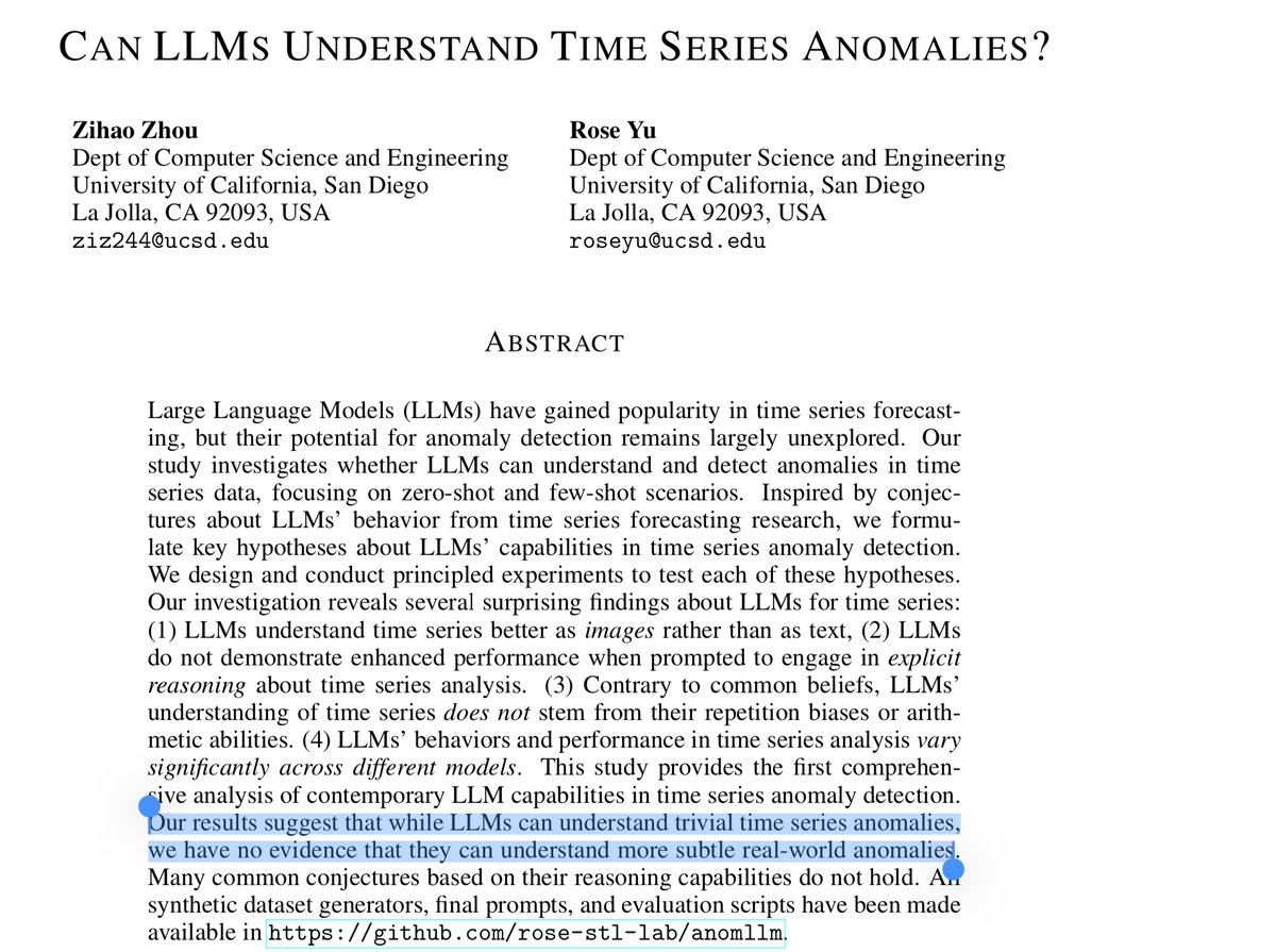 predict_addict's tweet image. When it comes to time series forecasting, LLMs is what you don’t need.

But it is gets better and better - when it comes to time series anomaly detection, LLMs are well… useless.

#timeseries #anomalydetection