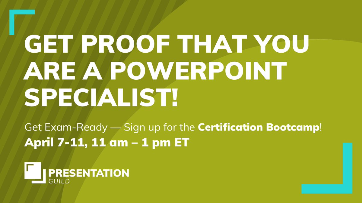 Get certified as a Presentation Specialist™! Join our next bootcamp, 4/7-4/11, with PowerPoint MVP Echo Swinford to prepare for the exam! Includes expert training, practice tests &amp; the exam fee.

Register now: loom.ly/Raj_iz8
Guild members – log in for your discount!