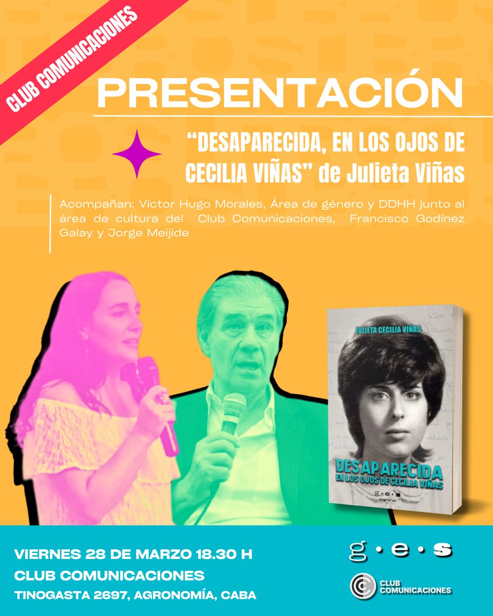 El viernes 28 se presenta "Desaparecida. En los ojos de Cecilia Viñas" de Julieta Viñas en club Comunicaciones. 

Tendré el gusto de participar mostrando algo del documental sonoro de @cprsuena "Cecilia, la desaparecida que llama" y de compartir la actividad con Víctor Hugo.