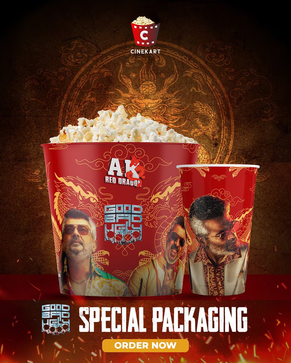 Cinekartos's tweet photo. It's time for the arrival of Red Dragon 🐉 Celebrate #AK's #GoodBadUgly from April 10th with specialised popcorn boxes, tubs and cups 🍿 DM us to place your orders now and grab them while stock lasts!!

#GBU #AjithKumar #Thala #PopcornTub #75oz #46oz #PopcornBox #Custom #Cinekart https://t.co/5VuVVztH1X