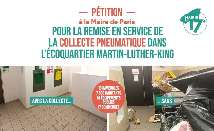 ‼️ Poubelles qui débordent, bouchons quotidiens : l’éco-quartier Martin Luther King #Paris17 subit l’inaction de la Ville de Paris. Avec les habitants et <a href="/Alix_Bougeret/">Alix Bougeret</a> nous demandons à la Maire de Paris la remise en service de la collecte pneumatique
✍️ bit.ly/collecte-pneum…