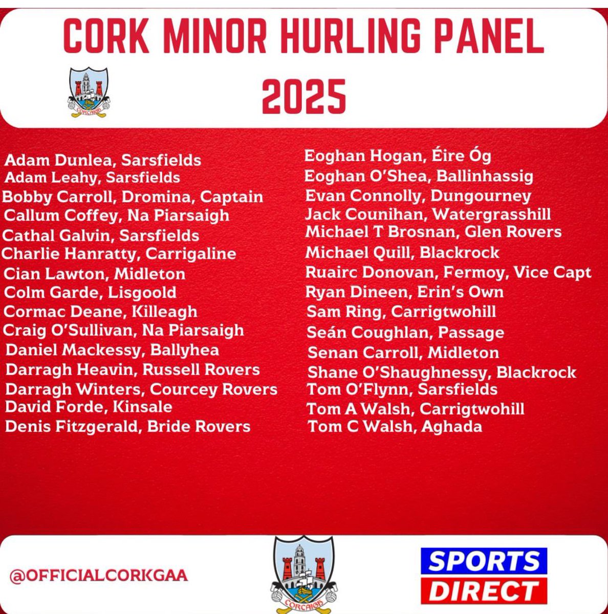 Congratulations to Charlie Hanratty who has made Cork minor hurling panel this year. Well done Charlie &amp; best of luck for the season 🔴⚪️🔴⚪️