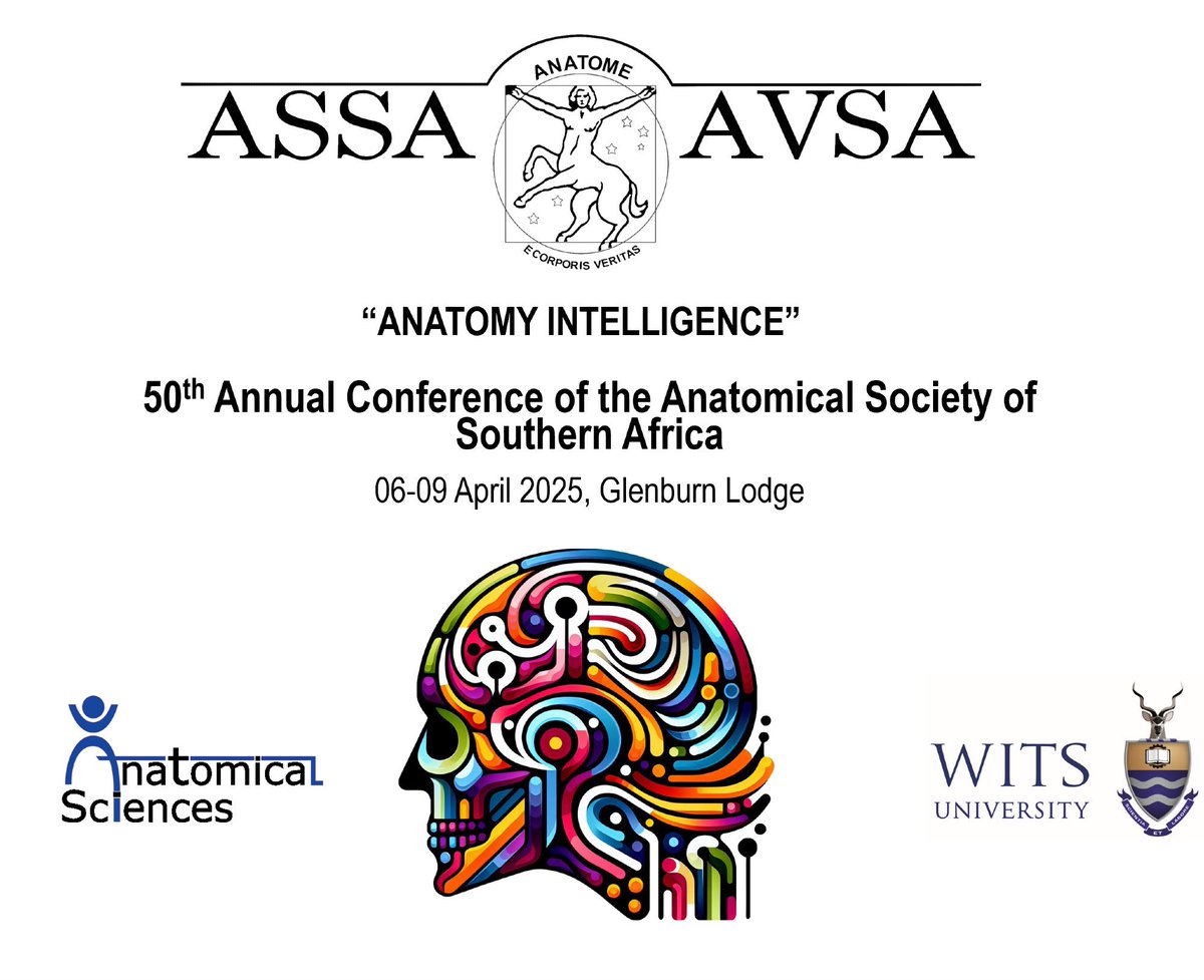 The Anatomical Society of Southern Africa (ASSA) invites you to their 50th Annual Conference themed “Anatomy Intelligence” hosted by the Department of Anatomical Sciences, University of the Witwatersrand, Johannesburg. 
6-9 April 2025 at Glenburn Lodge #ASSA2025 #ASSA50years