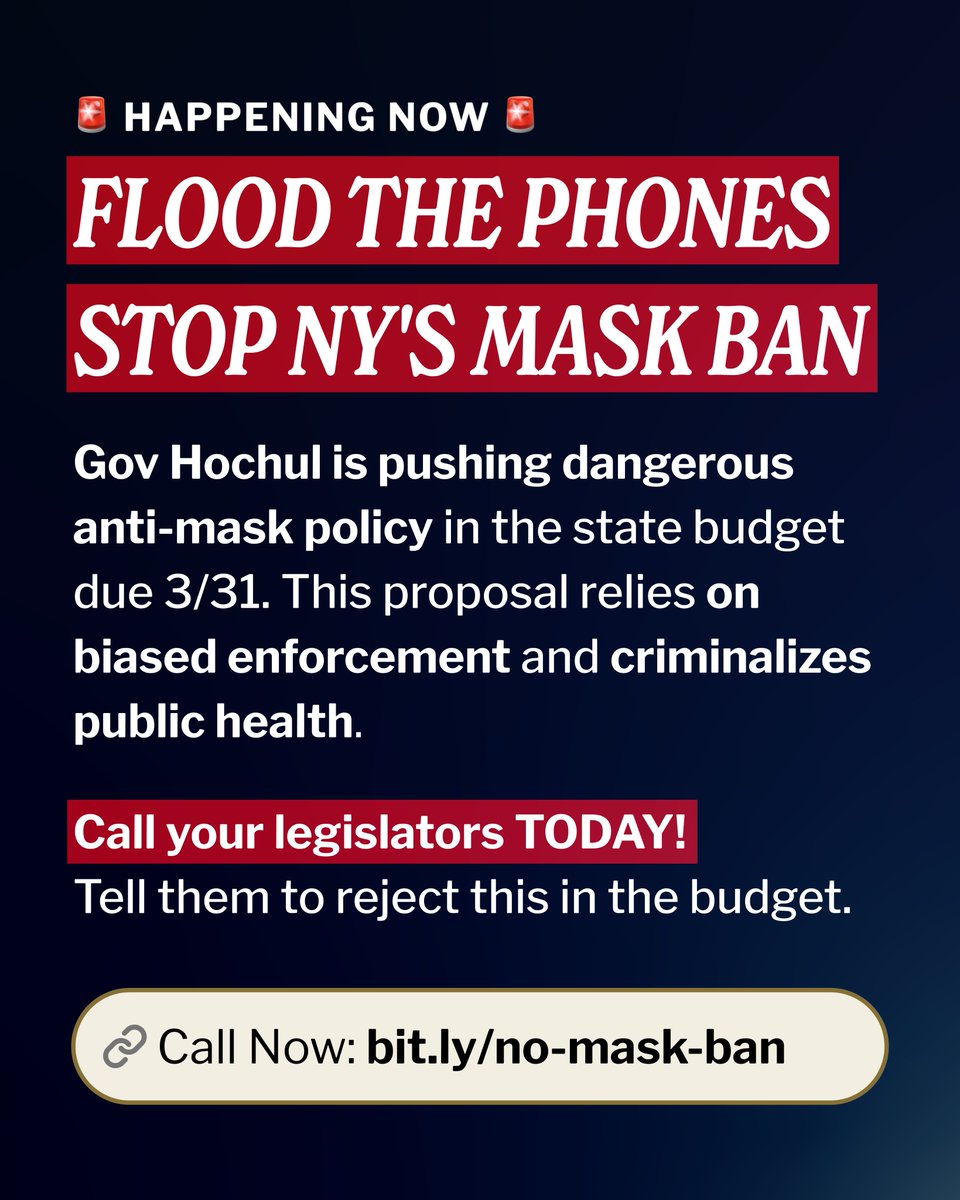 🚨 NEW YORK: If you're seeing this, call your state senator and tell them to reject anti-mask policy in the budget! It's the Day of Action and we're flooding the phones to say #NoNYMaskBan!