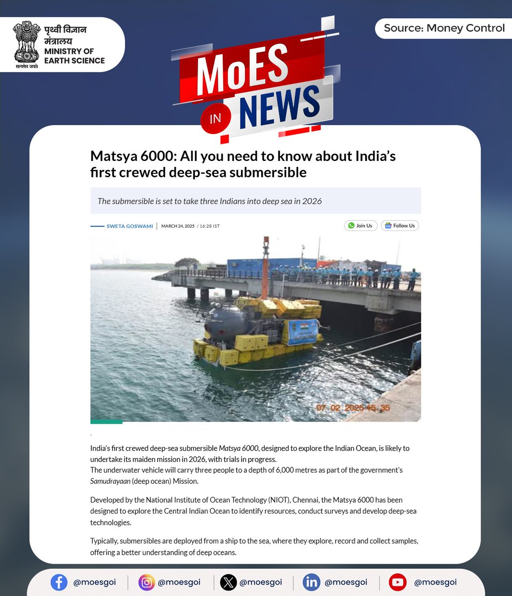 moesgoi's tweet photo. Matsya 6000: Diving into India's Deep Ocean Frontier

The #Matsya6000, being developed by @MoesNiot  under the aegis of the Ministry of Earth Sciences (#MoES), is deep-sea submersible that represents a significant leap in marine exploration technology. https://t.co/wsxtsjO6P7