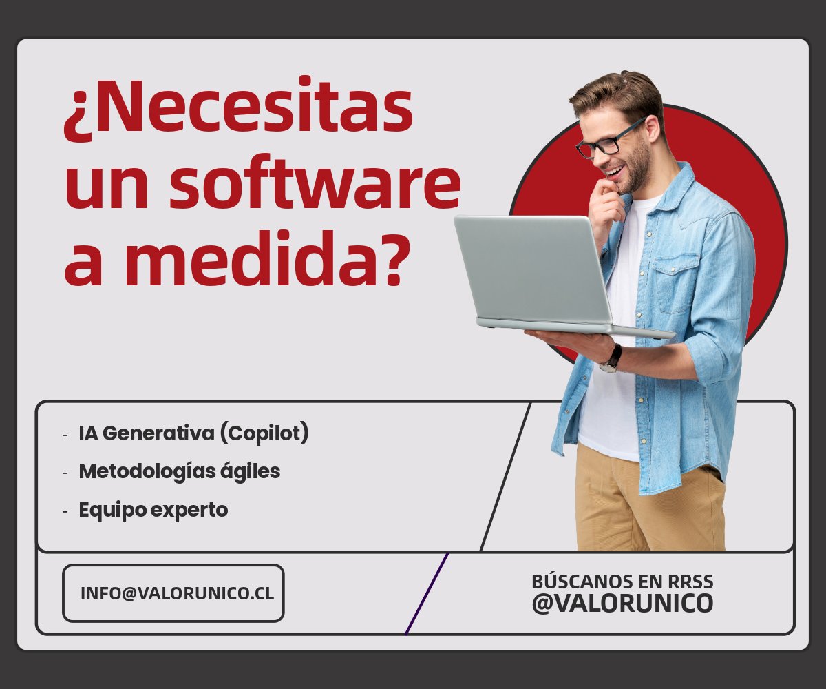 valor_unico's tweet photo. ✉️ pide tu cotización en info@valorunico.cl y obtén de regalo una evaluación gratuita.

#desarrollodesoftware #softwarefactory #innovación #valorúnico https://t.co/rVlr5NjrIr