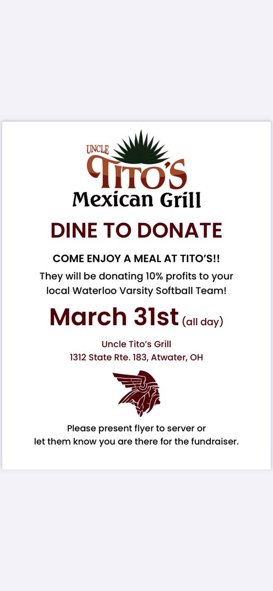 Come watch the varsity girls softball and boys baseball teams play at home on Monday, March 31 at 5:00, then come enjoy a meal at Tito’s to support the Varsity Softball Team! 
#vikingpride🥎⚾️