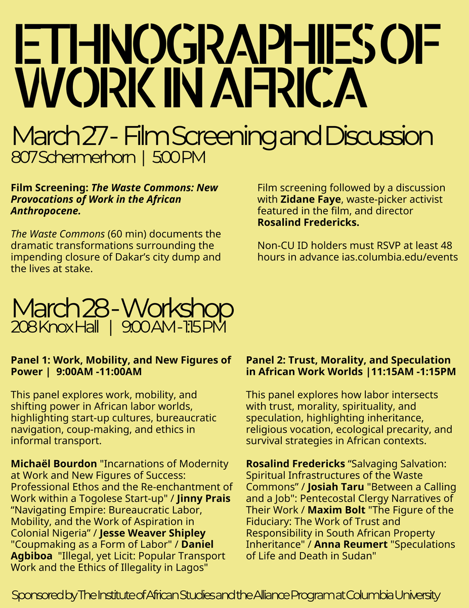 Looking forward to discussing my paper “Illegal, yet Licit: Popular Transport Work in Lagos” at the Ethnographies of Work in Africa workshop, hosted by Columbia University’s Institute for African Studies. 👉🏿 Workshop details here: ias.columbia.edu/events/ethnogr…