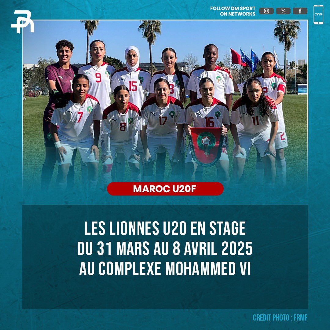 🦁 Les Lionnes U20 en stage 🇲🇦

L’équipe nationale féminine U20 sera en rassemblement du 31 mars au 8 avril au Complexe Mohammed VI, en préparation des qualifications pour la Coupe du Monde 2026.

📅 Début en septembre 2025.

(ℹ️ DM Sport)