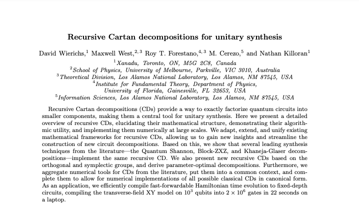Classify, decompose, recurse.

Check out our framework of recursive Cartan decompositions, allowing us to understand leading synthesis techniques, derive new decompositions, and compile quantum circuits numerically. 🔗👇