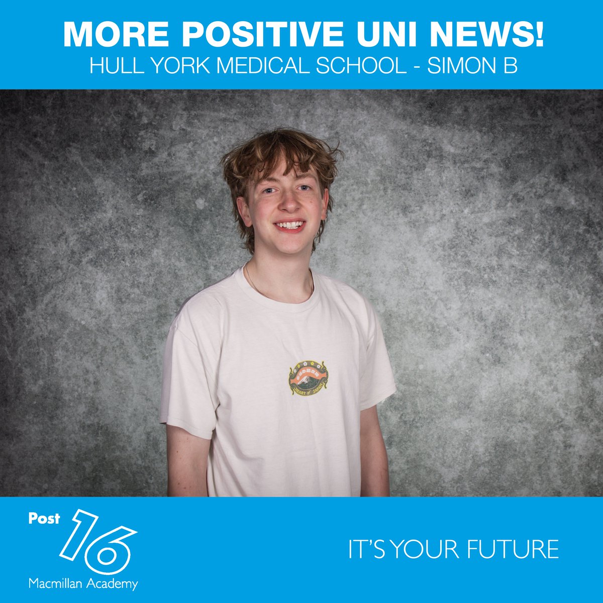 macmillanschool's tweet photo. Huge congratulations to Simon B who has received an offer to study Medicine at Hull York Medical School. An amazing achievement—well done! https://t.co/DaDvkuNJi4