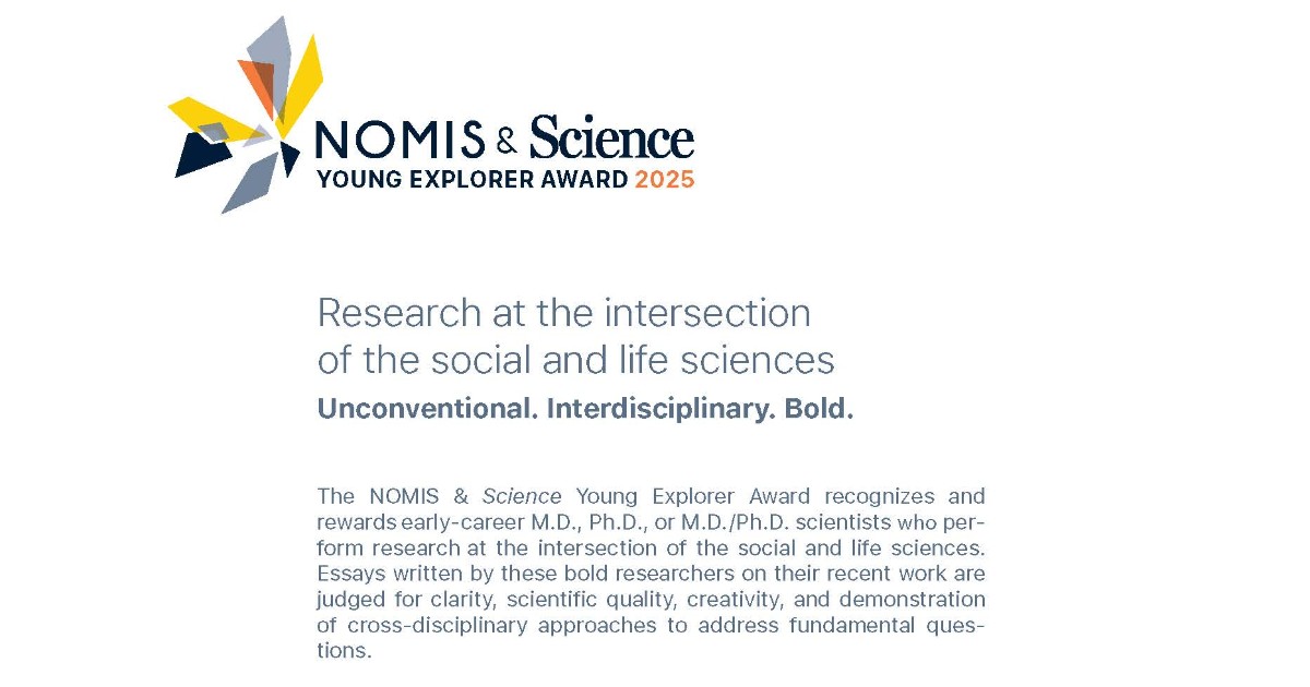 ScienceCareers's tweet photo. The NOMIS & Science Young Explorer Award recognizes bold young researchers who ask fundamental questions at the intersection of the life and social #sciences. Apply today: https://t.co/aswRmhKJWU #SciencePrize https://t.co/N7JdfRwLwS