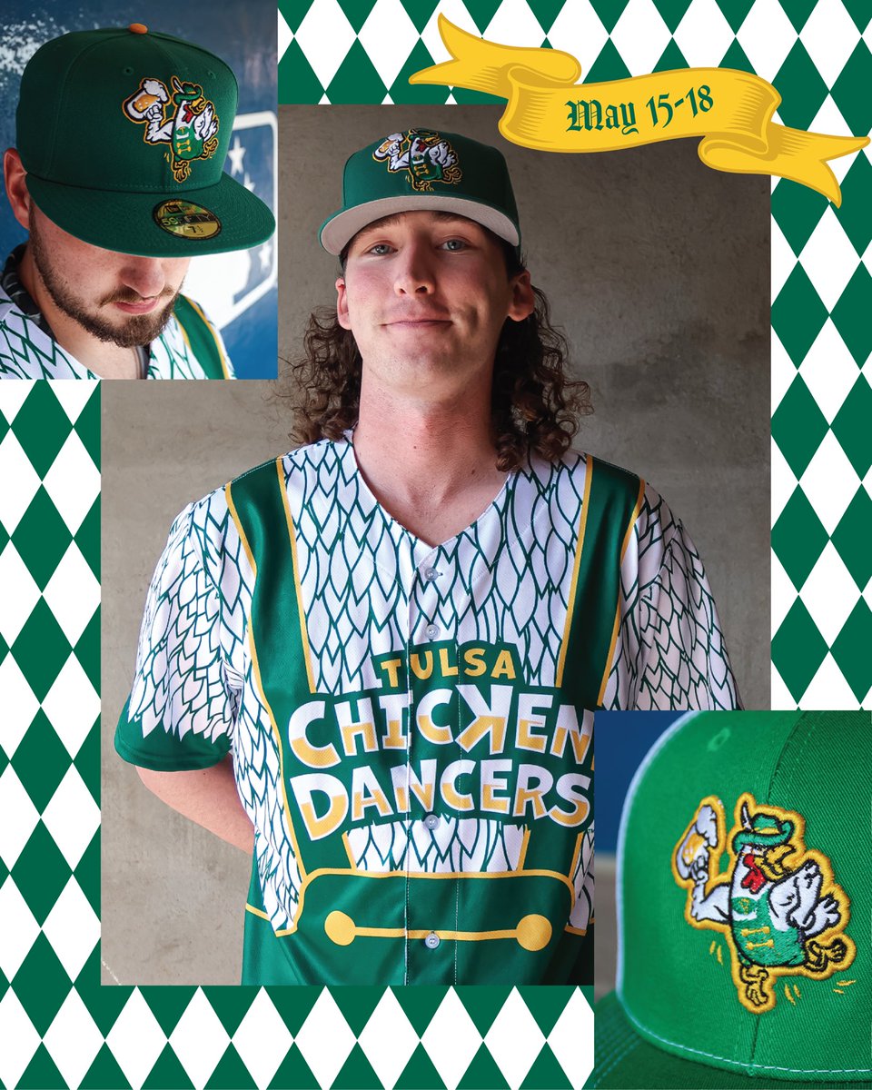 TulsaDrillers's tweet photo. Who’s ready for a Clucking Good Time? 🐓

Our newest 918 identity just hatched- Willkommen, Tulsa Chicken Dancers! 

Get ready to shake your tail feathers with the Chicken Dancers for 4 games: May 15-18 🐔

Shop the collection: https://t.co/XdTzjAG3jJ
Full release: https://t.co/i3SJ16eCnZ
