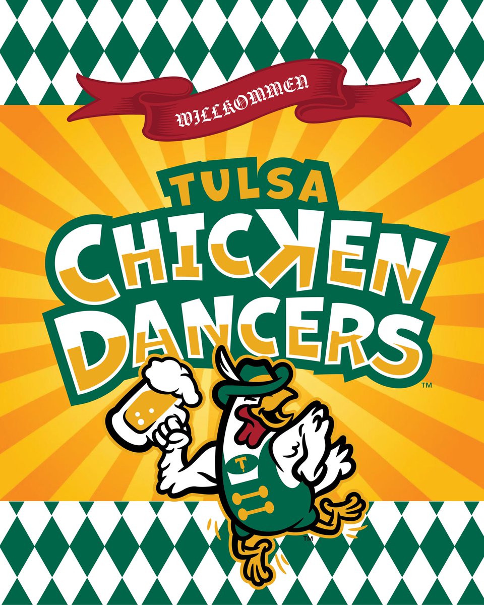 TulsaDrillers's tweet photo. Who’s ready for a Clucking Good Time? 🐓

Our newest 918 identity just hatched- Willkommen, Tulsa Chicken Dancers! 

Get ready to shake your tail feathers with the Chicken Dancers for 4 games: May 15-18 🐔

Shop the collection: https://t.co/XdTzjAG3jJ
Full release: https://t.co/i3SJ16eCnZ