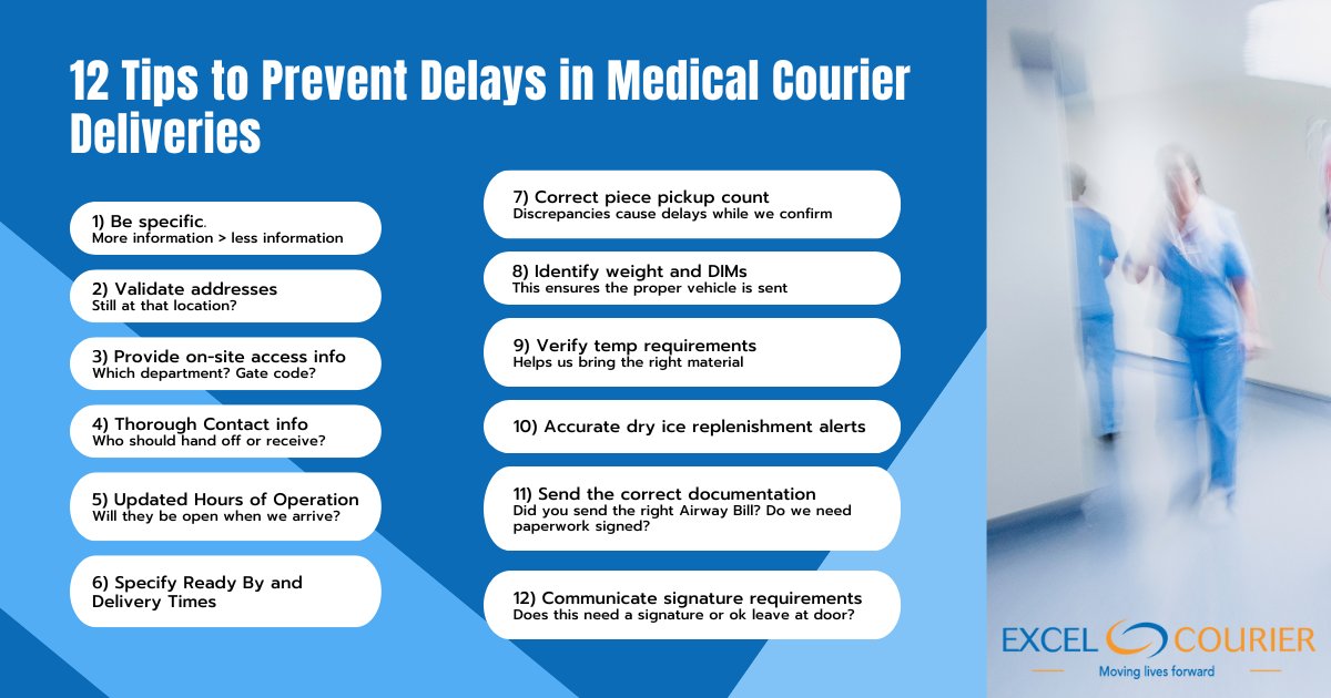 Excel_Courier's tweet photo. In healthcare logistics, every minute matters. We've put together a quick list of critical information that healthcare and logistics professionals can provide to help optimize the delivery. Anything we've missed? ⚕️

Learn more: https://t.co/Bnvl5K2SKq https://t.co/hnvW9tNwfL