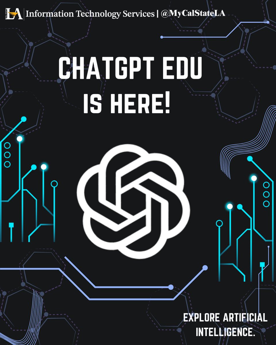 Hey, Golden Eagles! ChatGPT is here. Check your campus email for access.  Learn more about AI at genai.calstatela.edu #MyCalStateLA #CalStateLA_ITS