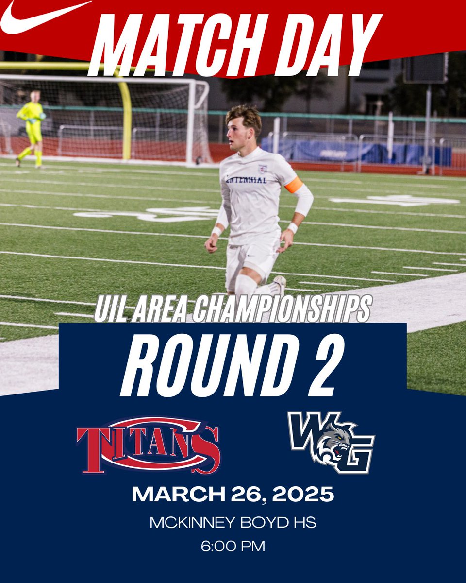 Let’s try this again!! 

Match Day!!

Tonight we host Prosper Walnut Grove at McKinney Boyd HS in Round 2 of the UIL State Soccer Playoffs after lightning and hail prevailed last night!

We want everyone there and want the stands loud and full of Titan Blue and Red!!! 

***If you