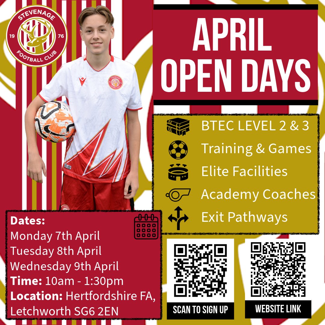 Interested in a career in football or sports?

Sign up to our April half term open days to discover opportunities you never knew existed with Stevenage FC.

📚BTEC Level 2 &amp; 3
⚽️Training &amp; Games
🏟️Elite Pathways
📋Academy Coaches
🛣️Exit Pathways

Sign up - forms.gle/UPMLXtpseVhXpM…