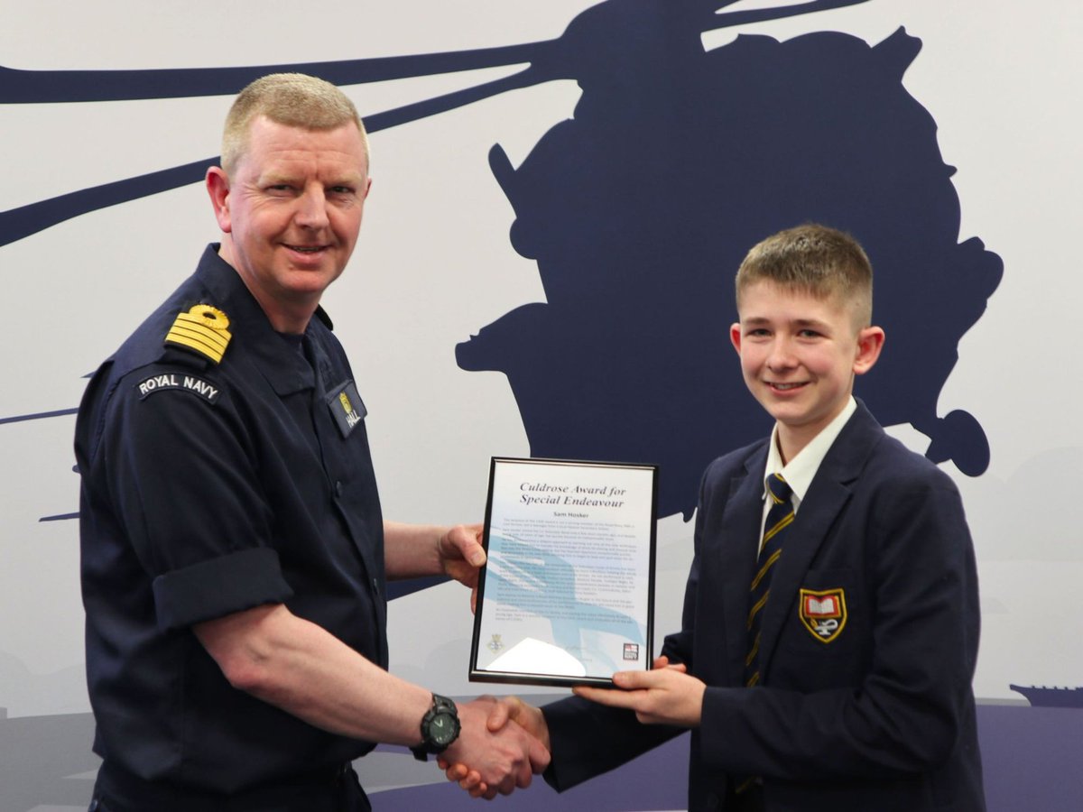 The Bands of HM Royal Marines (@rmbandservice) on Twitter photo 🏆 The Culdrose Award for Special Endeavours was presented by Captain Hall, CO of <a href="/RNASCuldrose/">RNAS Culdrose</a> to 15yr old Sam Hosker, a drummer in the Volunteer Band.
📜 The first time a non-service military person, civil servant or contractor has been awarded this achievement.
👏 BZ Sam! 🏆 The Culdrose Award for Special Endeavours was presented by Captain Hall, CO of <a href="/RNASCuldrose/">RNAS Culdrose</a> to 15yr old Sam Hosker, a drummer in the Volunteer Band.
📜 The first time a non-service military person, civil servant or contractor has been awarded this achievement.
👏 BZ Sam!