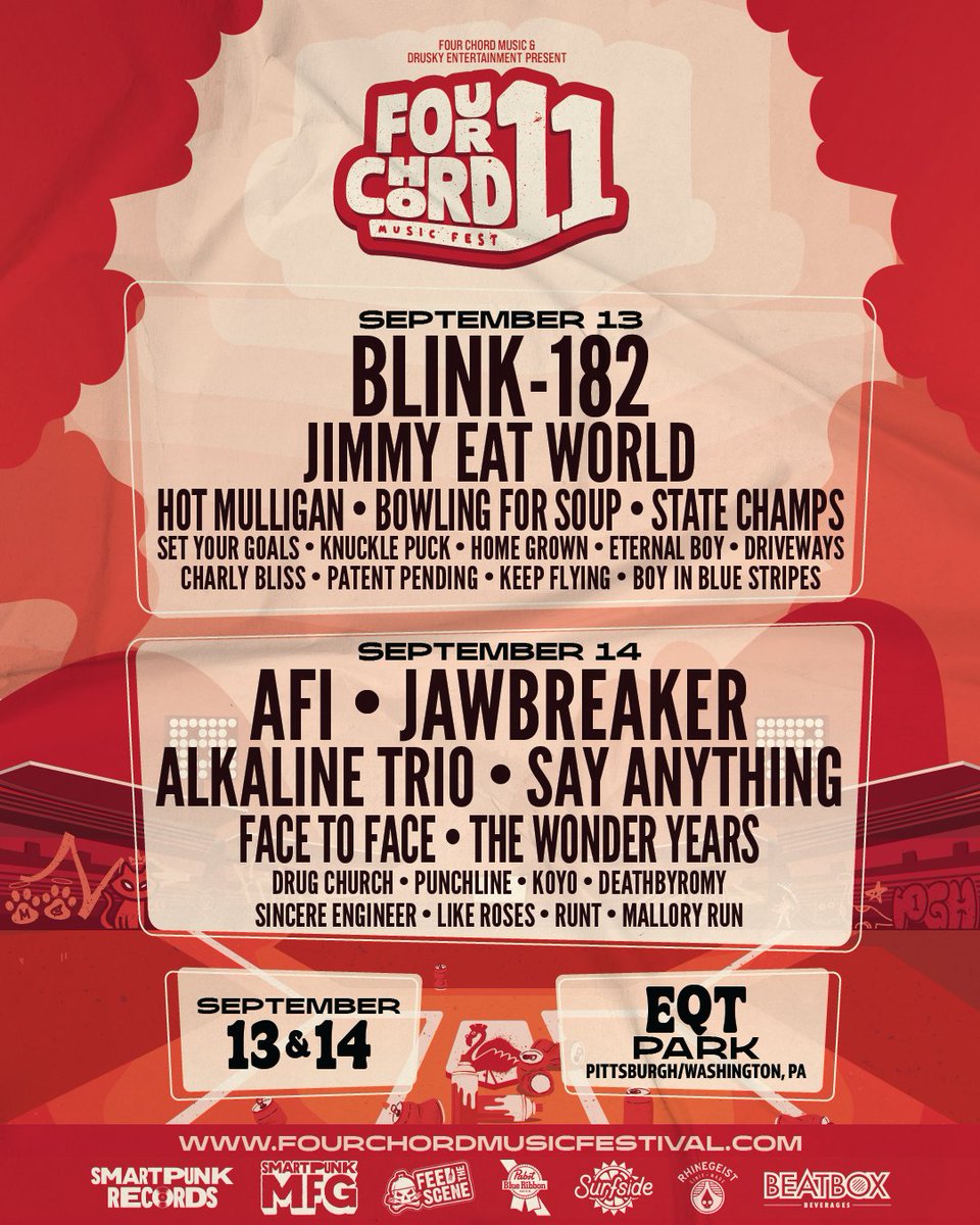 Jimmy Eat World (@jimmyeatworld) on Twitter photo Pittsburgh! We’ll see you this September at <a href="/4chordmusicfest/">Four Chord Music Festival</a> ⚡️ Limited early bird tickets are on sale now. All tickets go on sale Friday!
🎟: fourchordmusicfest.com Pittsburgh! We’ll see you this September at <a href="/4chordmusicfest/">Four Chord Music Festival</a> ⚡️ Limited early bird tickets are on sale now. All tickets go on sale Friday!
🎟: fourchordmusicfest.com