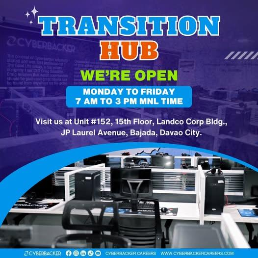 CyberbackerNice's tweet photo. Your next big break could be just a visit away. Swing by Cyberbacker's Transition Hub at Unit #152, 15th Floor, Landco Corp Bldg., JP Laurel Avenue, Bajada, Davao, from Monday to Friday, 7 AM to 3 PM MNL time. https://t.co/R3EOb2pkzT